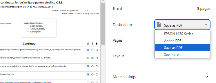 selectare opțiune save as pdf